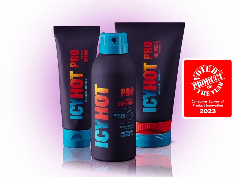 Family shot of Icy Hot PRO Cream, Dry Spray and No Mess. Voted Product of the Year (Consumer Survey of Product Innovation 2023)